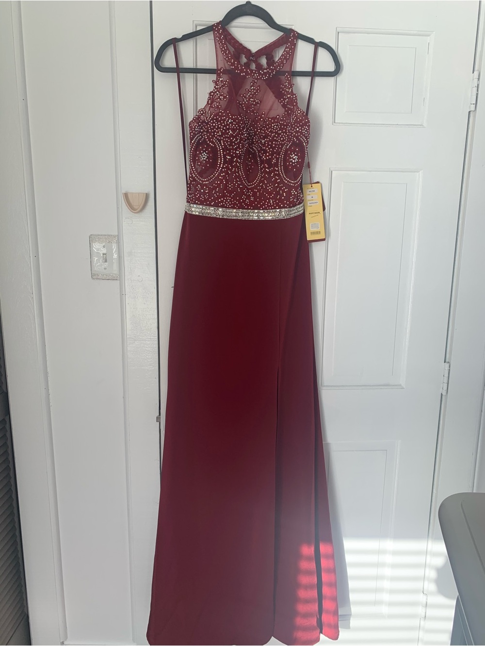 Women's Burgundy Beaded Halter Evening Dress